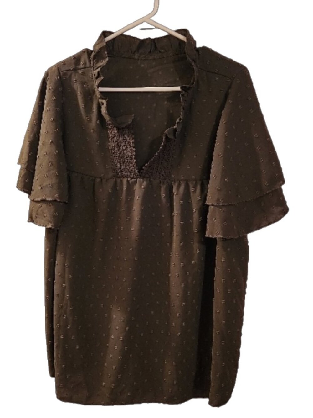 SHEIN Green Textured V-Neck Ruffle Sleeve Blouse
